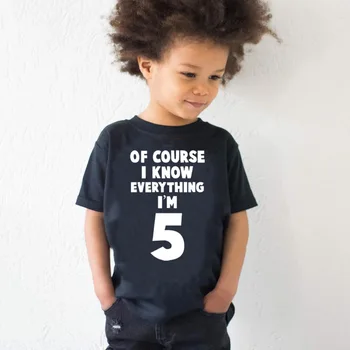Конечно, я все знаю, мне 5 Лет, Забавная футболка на 5-й День рождения Для маленьких мальчиков и девочек, Футболка с коротким рукавом, Детские повседневные топы