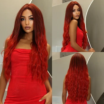 Красное омбре, длинные волнистые синтетические парики для женщин, винно-красные парики из средней части волос, натуральные термостойкие волосы для косплея, объемная волна