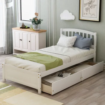 Кровать с двойной платформой для хранения, деревянный каркас кровати с двумя выдвижными ящиками и изголовьем\  Белый (Предыдущий артикул: SF000062KAA) Белый