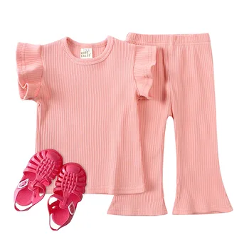Летние комплекты одежды для девочек, Милая футболка с летящими рукавами, топ + брюки, модный детский наряд принцессы, детская одежда, детская одежда