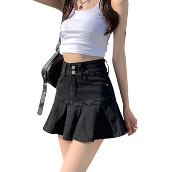 Летняя джинсовая плиссированная женская универсальная юбка трапециевидной формы в корейском стиле с высокой талией, для молодых девушек, для похудения, для защиты от воздействия, Горячая юбка для девочек