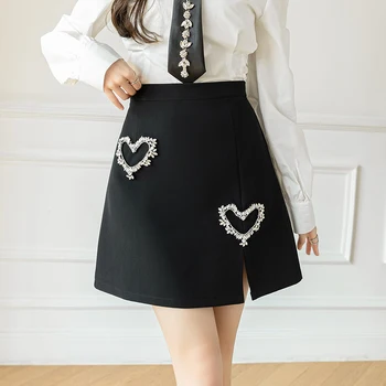 Летняя женская мода с бриллиантами и стразами, черная тонкая юбка трапециевидной формы с высокой талией SMLXL2XL