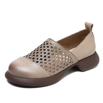 Летняя женская обувь из натуральной кожи, перфорированные дышащие женские сандалии из воловьей кожи, обувь на плоской подошве, подарок мамы