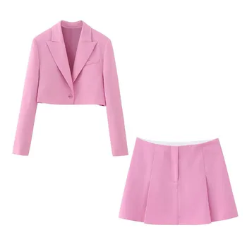 Летняя Новая мода, Женский Милый темперамент, лацкан, длинный рукав, короткий пиджак + Широкая плиссированная мини-юбка с высокой талией,