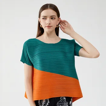 Летняя новая мода, плиссированный дизайн, круглый вырез, короткий рукав, Свободная Повседневная футболка контрастного цвета, топ для женщин 6097