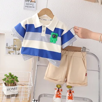 Летняя одежда в корейском стиле для детей, футболки и шорты в полоску с отложным воротником из мультфильма, бутик одежды для мальчиков
