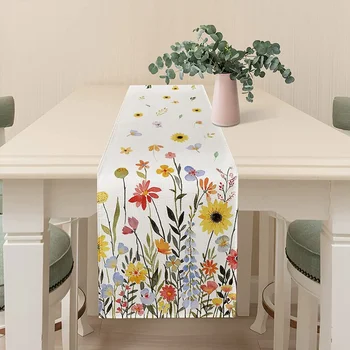 Льняная настольная дорожка с бабочками, Весеннее цветочное украшение для праздничной вечеринки, Моющиеся журнальные столики для декора кухонного стола