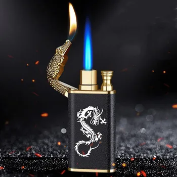 Металлическая наружная ветрозащитная газовая зажигалка с синим пламенем Креативный Крокодил Дельфин Факел с двойным пламенем Струйная зажигалка Мужские гаджеты Оптом