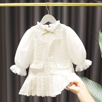 Модное детское платье из двух частей для девочек, осеннее платье для девочек, Маленькое Ароматное платье Принцессы 1-7 лет платье белое детское