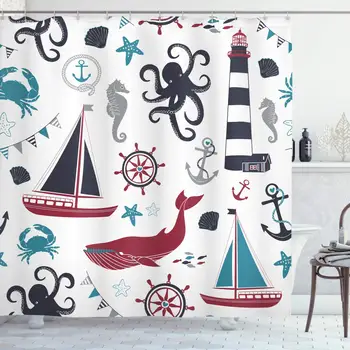 Морская занавеска для душа, цветная композиция из маяка, парусника, раковины рыбы, Осьминога и якоря, Тканевый набор для декора ванной комнаты