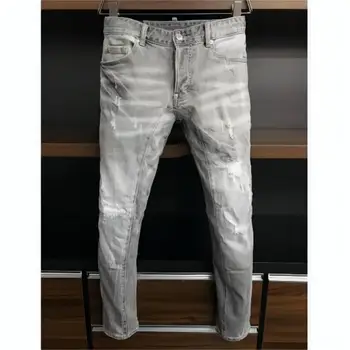 Мужские повседневные Модные брюки из джинсовой ткани для мото и байкеров, модные джинсы с дырочками, окрашенные аэрозольной краской A398