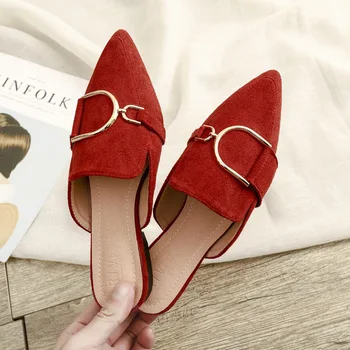 Новая весенняя женская обувь Mueller, модная металлическая обувь на плоской подошве с заостренным дизайном, уличная одежда, красный и черный, большой размер 41-42