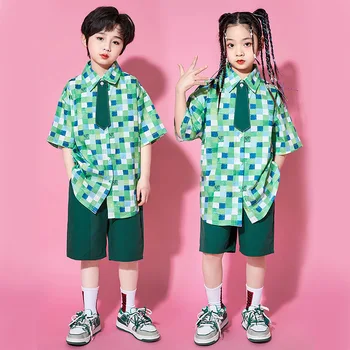 Новый горячий летний детский костюм в стиле хип-хоп, джазовый танцевальный костюм для мальчиков и девочек, зеленая клетчатая футболка + шорты 4, 6, 8, 10, 12, 16 лет