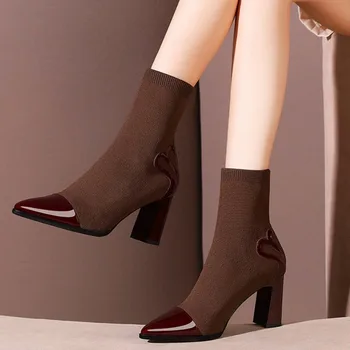Носки с металлическим лезвием, женские ботинки из эластичной эластичной ткани, ботильоны на шпильке с острым носком, женские туфли-лодочки