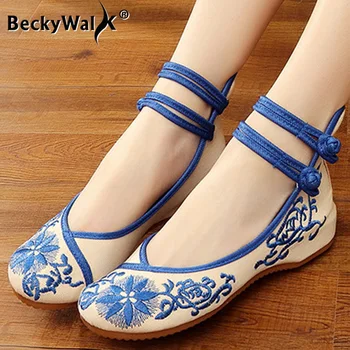 Обувь из ткани с цветочным узором 2023, сине-белая фарфоровая вышивка в национальном стиле, подчеркивающая древний стиль Ханфу в обуви