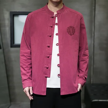 Однотонная рубашка с вышивкой в китайском стиле, мужская модная уличная одежда, японская рубашка с длинным рукавом Harajuku, мужской топ 5XL