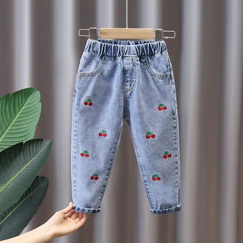 От 1 до 7 лет для девочек, джинсы с вышивкой и цветочным рисунком для девочек, детские повседневные штаны для детей, весенне-осенние брюки для девочек, одежда