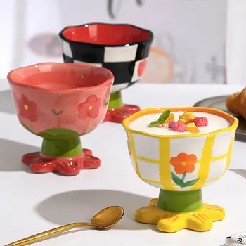 Персонализированная Керамическая чашка ручной работы неправильной формы, миска для десерта, фруктовый йогурт, Милая Ручная роспись, кружки для чая с молоком и цветами, посуда
