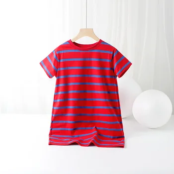 Платье для девочек, летние платья в красно-синюю полоску, вязаное платье в корейском стиле, одежда для подростков 6, 8, 10, 12, 14 лет