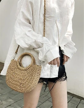 Полукруглая плетеная соломенная сумка ручной работы из ротанга, летние женские сумки-мессенджеры через плечо, маленькая пляжная сумочка для девочек