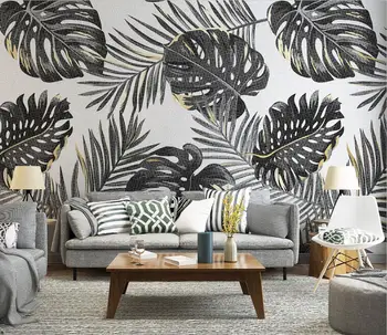 Пользовательские обои черно-белый свет роскошный фон из листьев американского тропического растения настенная живопись украшение дома 3D обои