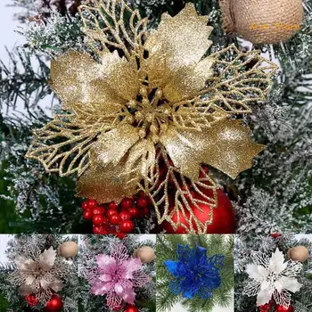 Рождественские Блестящие Искусственные цветы Пуансеттии со стеблями для свадьбы, Рождественской елки, искусственных цветов, новогодних украшений