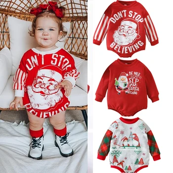 Рождественские комбинезоны FOCUSNORM для маленьких девочек и мальчиков 0-24 м, толстовка с длинными рукавами и принтом Санта-Клауса, комбинезон, верхняя одежда