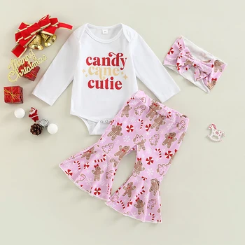 Рождественские комплекты одежды для новорожденных девочек и мальчиков FOCUSNORM, 3шт, комбинезон с буквенным принтом 0-18 м + расклешенные брюки с рисунком дерева + повязка на голову