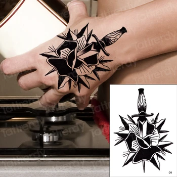 ручная татуировка роза нож мужская поддельная татуировка черная хна наклейки для ручной татуировки роза индийский Хэллоуин водонепроницаемая татуировка палец наклейка