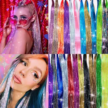 Сверкающие Блестящие волосы, пряди цвета радуги, головные уборы для девочек, повязка на голову, волосы для плетения, головной убор длиной 100 см