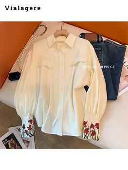 Свободная однобортная рубашка с принтом Хай-Стрит, длинный рукав, Весна-лето, 2023, Женская повседневная блузка с отложным воротником, мешковатый топ