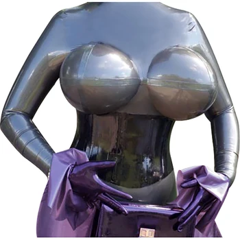 Серебристые сексуальные латексные футболки с надувной грудью, бюстгальтеры для игр, резиновый топ, блузка, ремни, одежда YF-0446