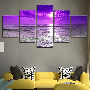 Современная Фиолетовая Живопись Модульные Картины 5 Панелей Sunset HD Напечатанный Спрей Холст Плакат Декор Дома Гостиная Без Рамы
