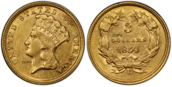 Соединенные Штаты Америки 1854 г. 3 Доллара США Золотая Копировальная монета США Голова Слева Увенчана Кругом Из Перьев Латунь Металл