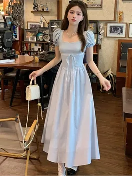 Французское элегантное Женское платье миди Y2k, однотонное платье с коротким рукавом, цельное платье для вечеринки, Корейская мода, лето 2023