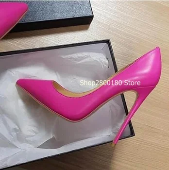 Ярко-розовые туфли на шпильке из матовой кожи на высоком каблуке 120 мм, женские туфли-лодочки с острым носком, без застежки, Вечерние модельные туфли, Размер 45
